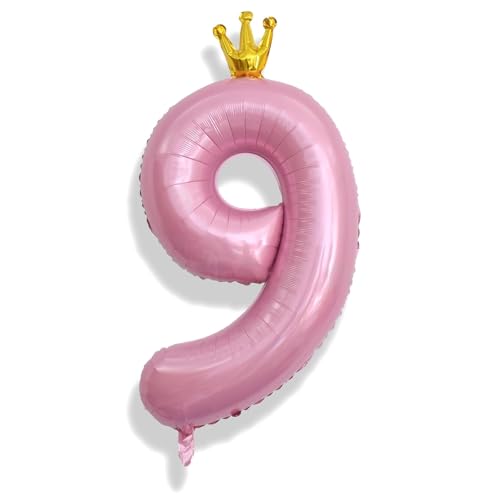 Image of 40 Inch Number 9 Balloons, Pink Crown Giant 9th Birthday Party Number Balloons 0-9 Set, Self Inflating Balloons for Girls Women 35th Birthday Party Decor Anniversary Party Decoration Supplies