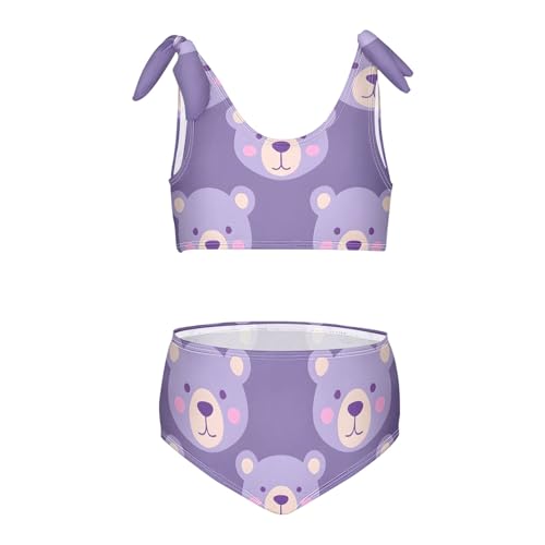 Girls' Bikini Set, Cute Cartoon Purple Bear Kids Swimsuit 2 Pcs Beach Bathing Suit