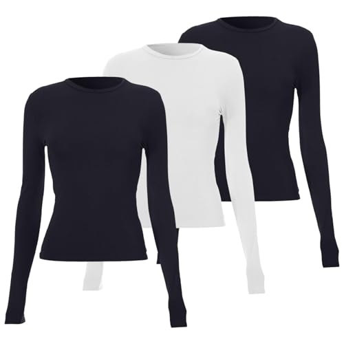 Pack de 3 camisetas básicas de manga larga para mujer, corte ajustado, color negro y blanco, manga larga, cuello redondo, camiseta interior elegante, sexy, manga larga, camiseta interior térmica