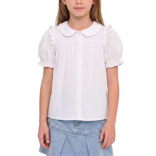 Image of Girls Button Down Blouse with Peter Pan Collar - Classic Short-Sleeve Kids Shirt Top