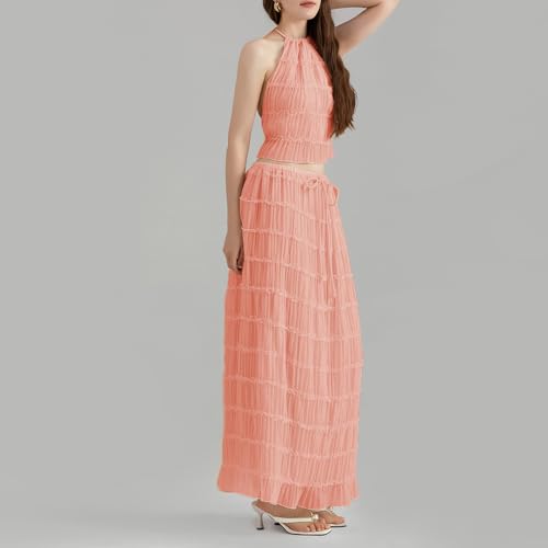 Image of Women Y2K Skirt Set Outfits Strapless Crop Top Bodycon Midi Skirt Dress Sexy 2 Piece Knit Outfits Skirt Summer
