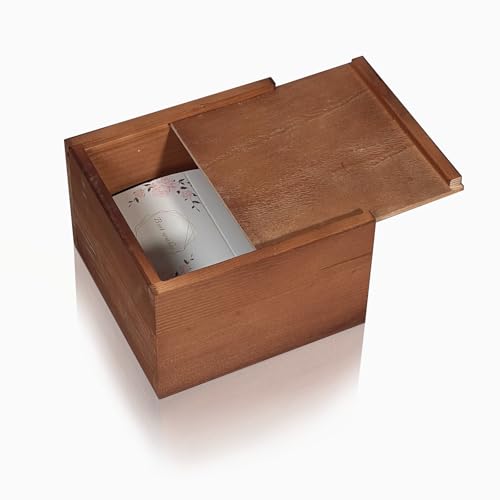 PIG AND TURTLE Wooden Box,6x6x4 InchKeepsake Box with Slide Lid, Square Wood Storage Box for Jewelry, Photos, Memorabilia, Handmade Decorative Memory Box for Home, Wedding, Gifts