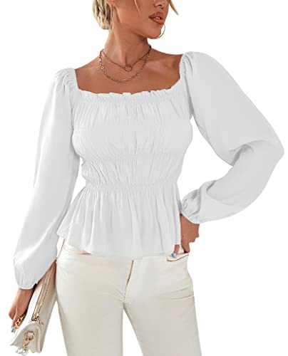 Lyaner Women's Frill Smock Retro Square Neck Long Sleeve Shirred Blouse Tops White Small #TOP3