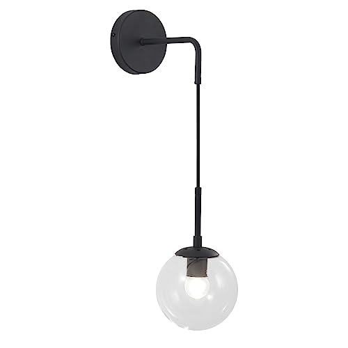 Image of BOKT Mid Century Modern Black Wall Sconce Light Clear Glass Globe Ball Wall Lighting Minimalist Adjustable Bedside Wall Lamp 1-Light Vanity Bathroom Wall Light Fixture (Black+Clear)