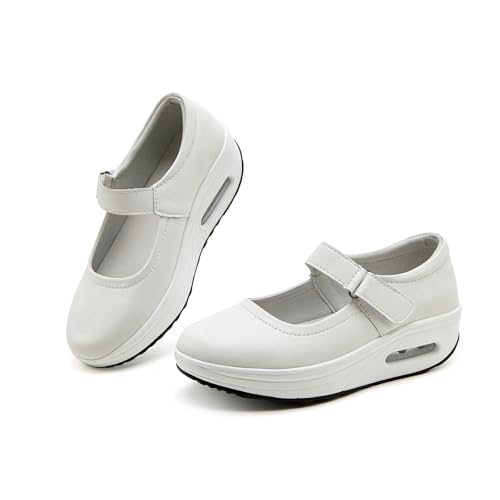 EnllerviiD Women Mary Jane Shoes Buckle Air-Cushion Casual Chunky Heel Round Toe Uniform Dress Platform Wedge Shoes Comfort Pumps Walking Shoes All-White40