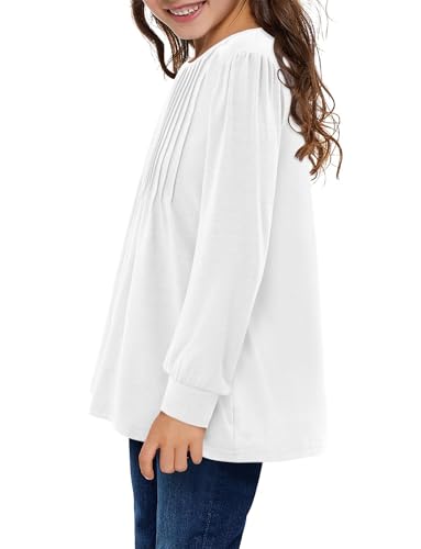 Yoklass Girls Puff Long Sleeve Shirts Crew Neck Front Pleated Tops Casual Loose Dressy Blouses 4-13 Years4