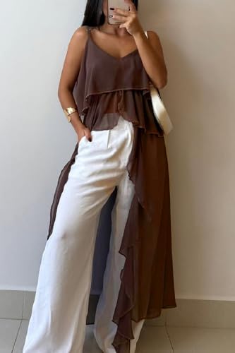 Women Split Front Ruffle Flowy Long Cami Shirt Sleeveless Backless Spaghetti Strap Layer Chiffon Maxi Tank Top2