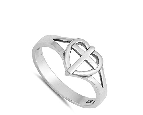 Oxidized Heart Cross Love Promise Ring New .925 Sterling Silver Band Sizes 4-102