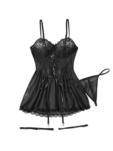 Image of Lilosy Sexy Garter Belt Mesh Lace Babydoll Lingerie Dress Set with Thong