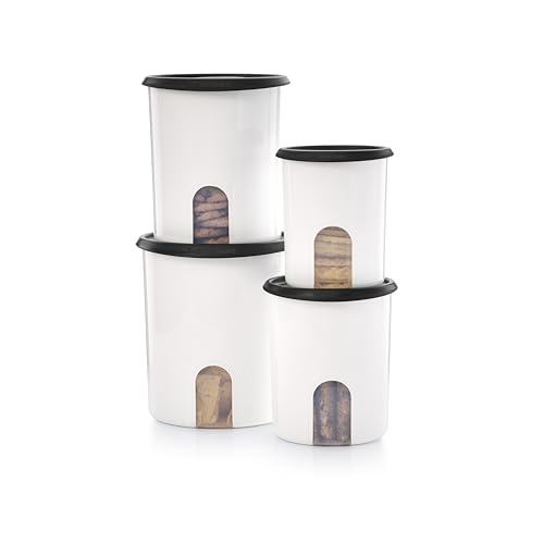Image of Tupperware One Touch Reminder Canisters 4 Canister Food Storage Set in White & Black, Dishwasher Safe and BPA Free, (4 Containers, 4 Lids)