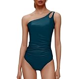 Traje de baño de un solo hombro Adelgazante y ganador de mujer 1 pieza Control de Vientre Push Up Esculpido de una pieza Monokini Vintage Espalda Alta Swimsuit, E-azul., 44 Inch