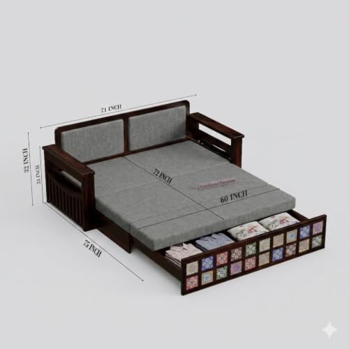 Image of Wooden Sofa Cum Bed for Living Room | Convertible Sofa Bed with Storage | 3 Seater Foldable Sleeper Sofa | Solid Wood Pull Out Sofa Bed with Mattress for Home & Guest Room (Walnut, Mary)