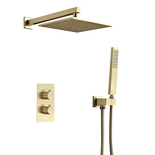 Robinetterie de douche thermostatique murale avec douchette et ciel de pluie laiton or