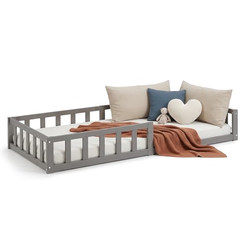 Homestyle4u Kinderbett 90x200 cm Grau mit Rausfallschutz Bodenbett