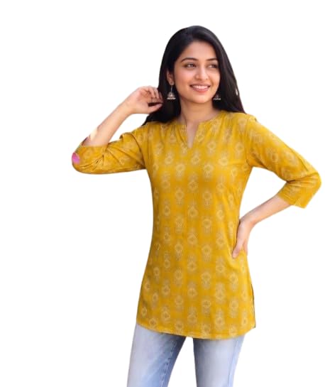 Blusmoon Women’s Printed Rayon Short Kurti for Women | Casual & Office Wear Short Top | Stylish Blue, Black & Yellow Kurti-picture-14