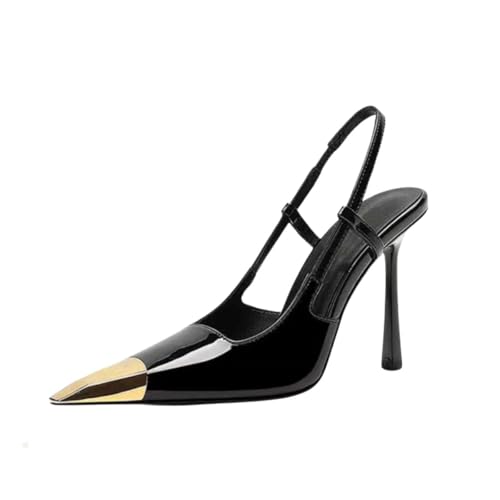 Womens Slingback High Heels Sexy, Metal Pointed Toe Pumps Stiletto Heels, Slip-on Elastic Strap Dress Shoes with Steal Cap Toe
