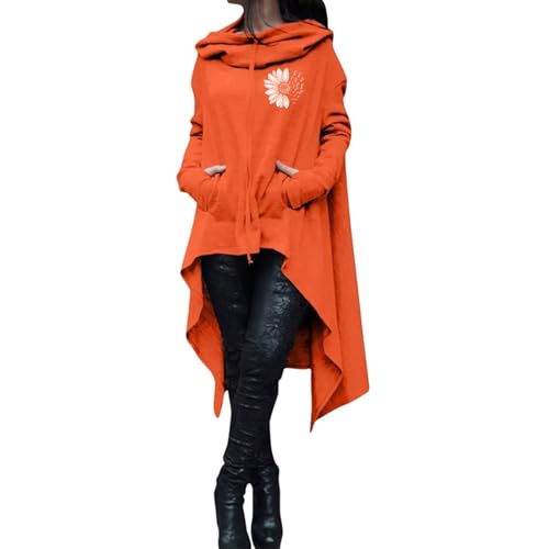 Genérico Sudaderas Mujer con Capucha Abierta Women Loose Hoodie Long Hooded Tops Ladies Sweatshirt Sweater Asymmetric Blouse 𝐁𝐚tas De 𝐏olar Mujer (Orange, XXL)