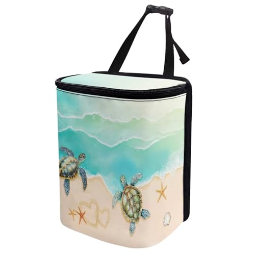 Image of Talayituse Turtle Starfish Seashell Heart Beach Print Car Trash Bin, Large Size Auto Trash Can Adjustable Portable Garbage Can with Lid, Vehicle Hanging Bag for Headrest Front Back Seat