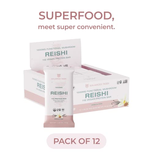 Organic Reishi Mushroom Protein Bars | Made In Usa | Full Dose (1500Mg) | Vegan Protein Bars, Gluten Free Protein Bars, Mushroom Supplement, Superfoods Protein Bars | Vanilla Chai Flavor | 12 Count #TOP4