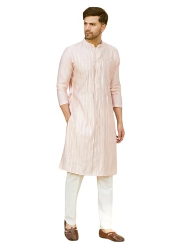 Image of See Designs Men Full Sleeve Chanderi Silk Sequins Mandarin Collar Side Slit Kurta With Pyjama
