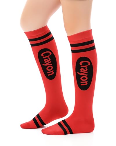Geyoga Funny Crayon Socks for Women Crayon Knee High Socks Novelty Stocking Stuffers Rainbow Pencil Stockings(Red)