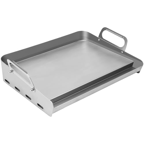 JiRiCHMi 23x16 Inch Griddle for Gas Grill Reinforced Bottom Anti Warp Detachable Handle Grease Groove Stainless Steel Flat Top for Pellet Grill and Stove Outdoor Indoor Cooking