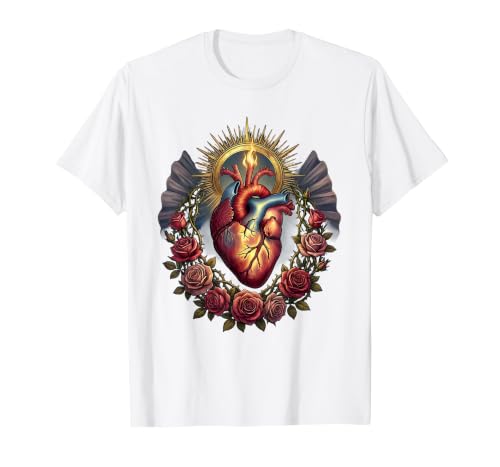 Virgin Mary Sacred Heart Thorns and Roses Graphic T-Shirt, Men, White, X-Large