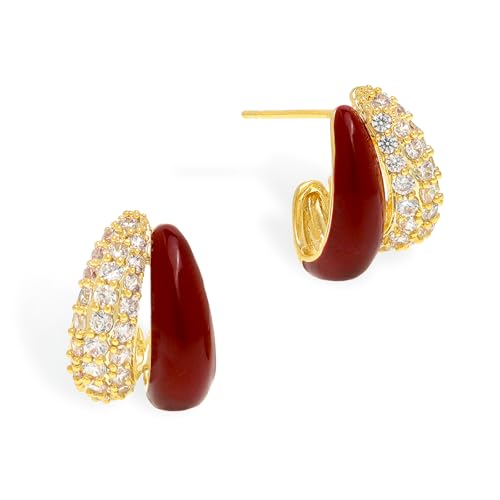 Jean Beau Double Hoop Burgundy Red Stud Earrings for Women, Trendy Elegant Gold CZ Statement Earring Anniversary Fashion Jewelry Gift