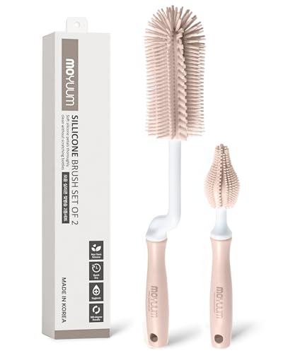 Image of Moyuum Silicone Baby Bottle and Nipple Brush Set | Made in Korea, 360 Degree Rotating Handle, Soft Bristles, Hanging Hole for Quick Drying and Storage, Dishwasher Safe (Coral Beige)