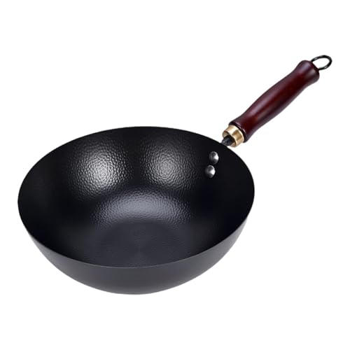 Dickly Iron Wok Non-Stick Kitchen Pot Uncoated Rust Resistant 9.45 Inch with Wooden Handle Suitable for All Stoves Stir Fry Pan Wok, Without Lid