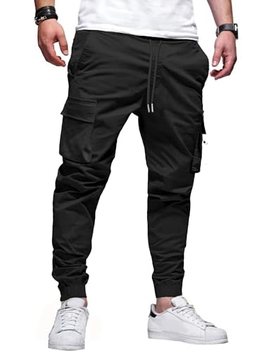 Mens Cargo Jogger Pants Elastic Waist Drawstring Regular with Zipper Pockets Cotton Pants for Men