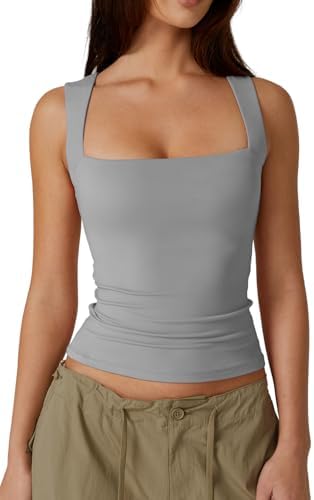 QINSEN Women's Square Neck Sleeveless Double-Layer Tank Tops Basic Tight T Shirts