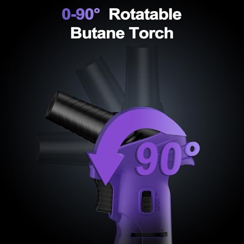 Butane Torch Lighter, 0-90°Rotating Angle Butane Lighter, Refillable Kitchen Torch with Safety Lock, Adjustable Flame for Soldering (Purple and Black) - Thumbnail 4