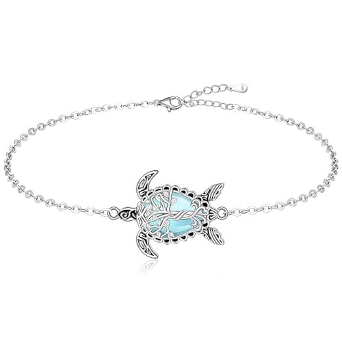 Image of Fenthring Turtle Anklet S925 Sterling Silver Blue Opal Sea Turtle Ankle Bracelets for Women Infinity Wave Ocean Beach Summer Foot Bracelet Jewelry Layered Adjustable