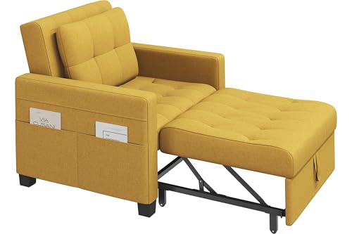 Yaheetech 3 En 1 Sofá Cama Sillón Relax Sofá Individual de 1 Plaza para Dormitorio Sala de Estar Apartamento Sofá con Respaldo Ajustable en 3 ángulo Amarillo