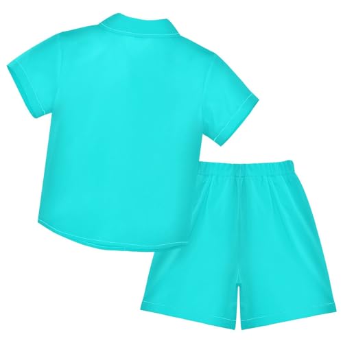 Image of 3T Toddler Boy Shorts Set Teal Hawaiian Button Down Shirts Summer Outfits for Little Boy