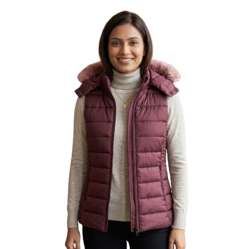 fedappario Women’s Sleeveless Hooded Nylon Puffer Jacket with Fur Hood | Quilted Winter Zip-Up Vest | Warm Casual Winter Wear for Women | Maroon-picture-18