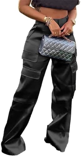 NRTHYE Women High Waisted Satin Cargo Pants Wide Leg Casual Pants...