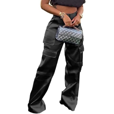 NRTHYE Women High Waisted Satin Cargo Pants Wide Leg Casual Pants Multi Pockets Straight Trousers Cover