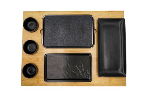 BEEFSTONE Placa de carnes de piedra de lava de piedra caliente modelo EVO, con pizarra, 3 cuencos de inmersión y una placa, 8 piezas, bistec de piedra caliente