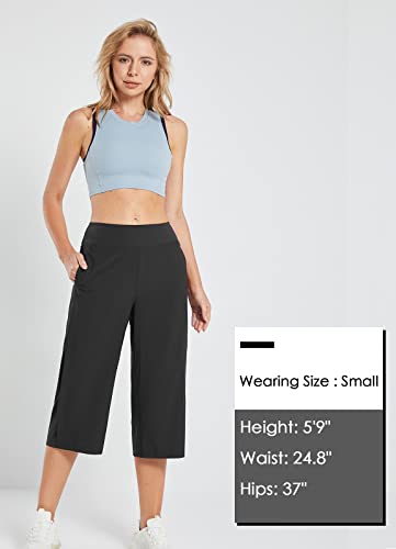 Baleaf Womens Capri Yoga Pants, High Waisted Wide Leg Lounge Workout Loose Casual Summer Stretch Capris Pants With Pockets, Z-Black-Polyester, Large #TOP5
