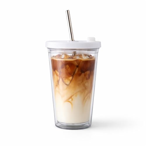 SEFAONUR Reusable Iced Coffee Cup (16 Oz), Leakproof Iced Coffee Tumbler with Collapsible Steel Straw and Lid, Double-Wall Insulated, Shatter-Resistant, BPA-Free, Keeps Drinks Cold