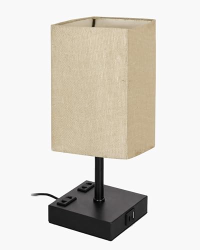 Image of Homesake Touch Table Lamp with USB A + Type C Charging Ports Dual AC Outlets, Touch Control, Medium Size, Bulb Included Night Stand, Bedside Desk Light Bedroom Living Room Office, (Jute Rectangle)