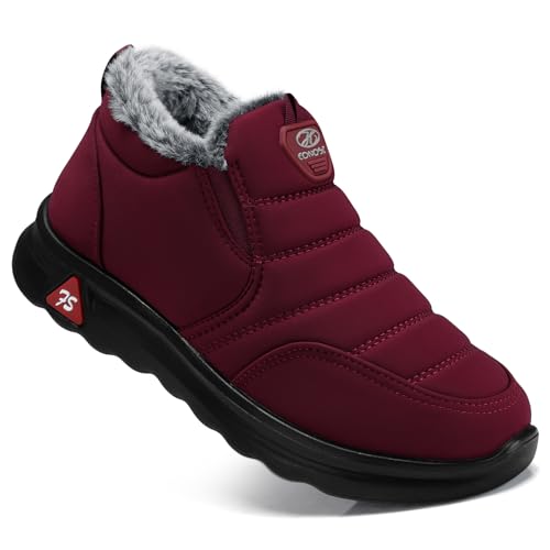SHIBEVER Winter Snow Boots for Women: Red Slip on Anti-Slip Ankle Booties with Warm Fur Lined Waterproof Flat Shoes Size 9
