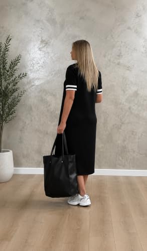 Image of Women's V-Neck Sporty T-Shirt Dress | Stylish Striped Sleeve One Piece for Women | Casual Summer Knee Length Short Dress | Trendy Beach & Resort Wear Western Dress (26 D-1-3)