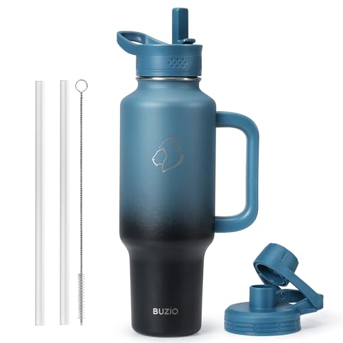 BUZIO 40 oz Tumbler with Handle and Straw, Stainless Steel Insulated Water Bottle Fits in Cup Holder with Straw & Spout Lid, Leak-Proof BPA-Free Travel Tumbler Keep Cold 48hrs &Hot 24hrs, Indigo Crush