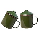JECOMPRIS Taza de Esmalte Retro 9 Cm Color Verde Militar 2 Piezas Tapa para Té y Café Taza Vintage Ligera para Viaje y Uso en Hogar para Bebidas Calientes y Frías