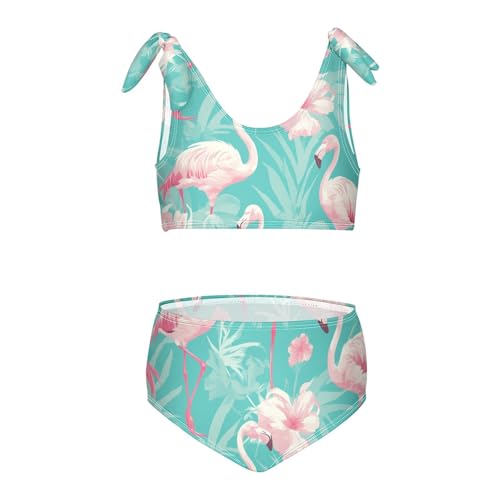 KLL Pink Flamingo Pattern on Green Background Girls Two Piece Bikini Sets Scoop Neck Bathing Suit Swimming Suits Cute