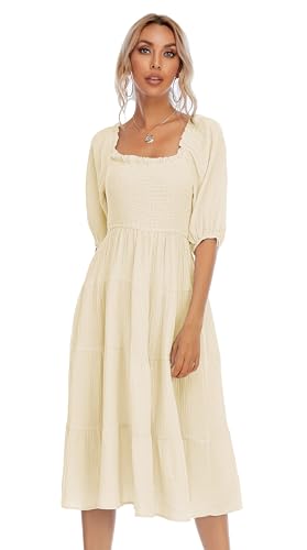 Image of R.Vivimos Women's Summer Cotton Lantern Sleeves Ruffled Off Shoulder A-Line Midi Dresses