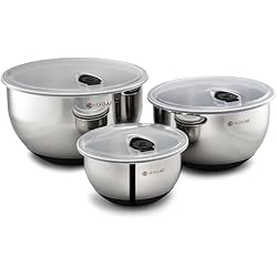 HexClad 3 Piece Stainless Steel Mixing Bowl Set with Vacuum Seal Lids | Non-Slip Base, 1.3 ,3 and 5 Quarts